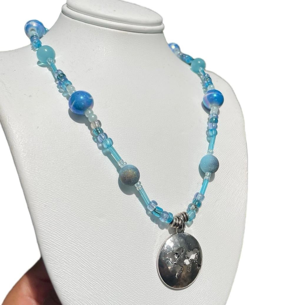 Blue World Map Pendant Necklace