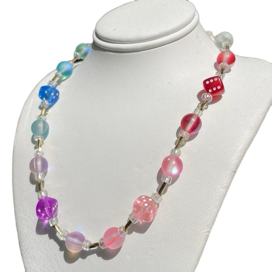Colorful Iridescent Dice w/ Gold Necklace