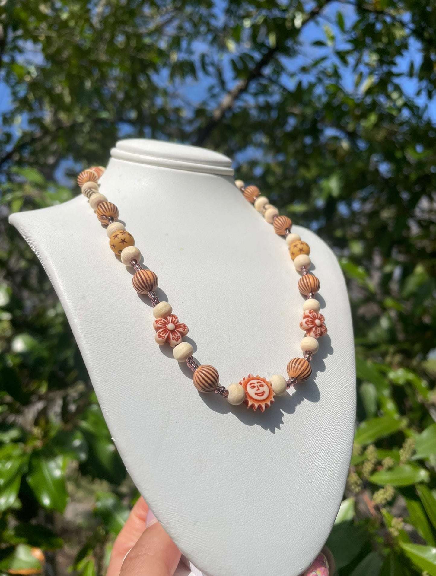 Carved Wooden Sun/Flower Necklace