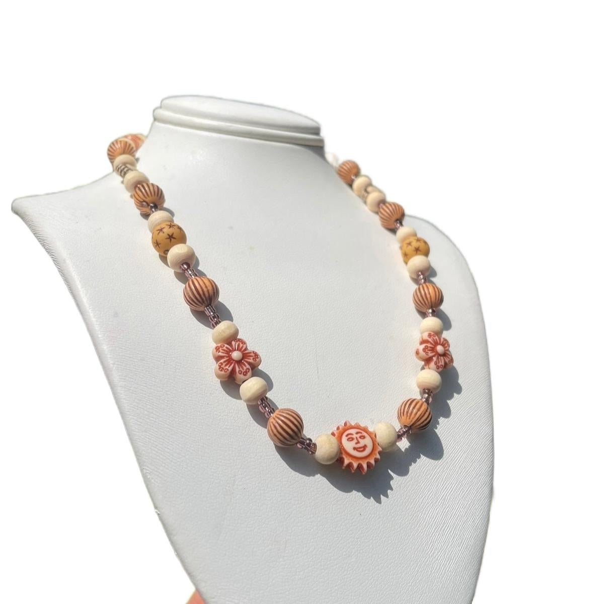 Carved Wooden Sun/Flower Necklace