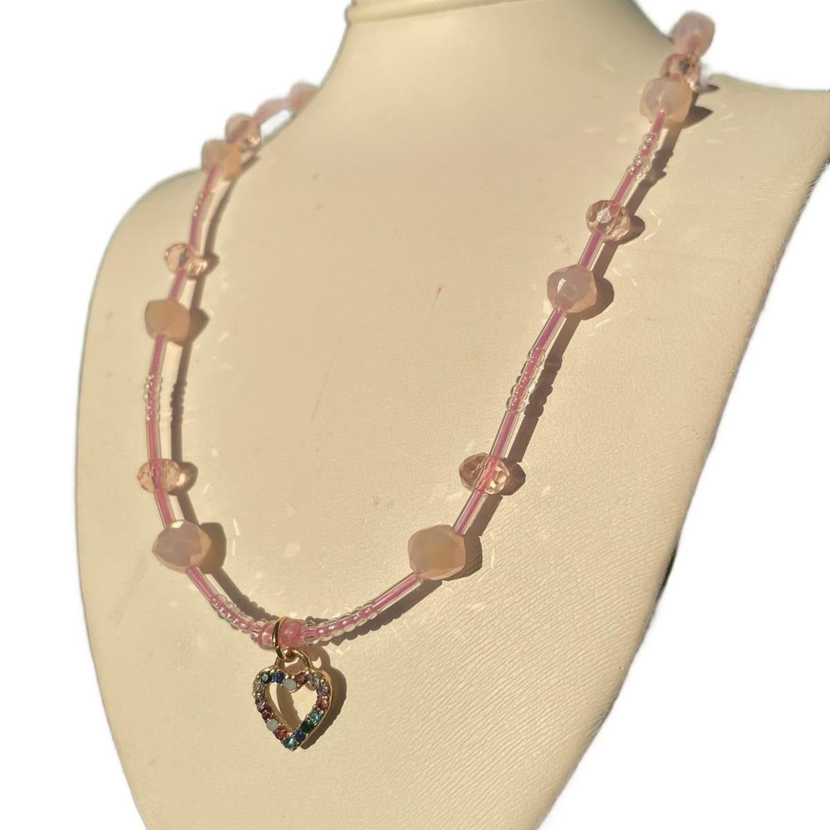 Colorful Heart Pendant w/Pink & Transparent Czech Necklace