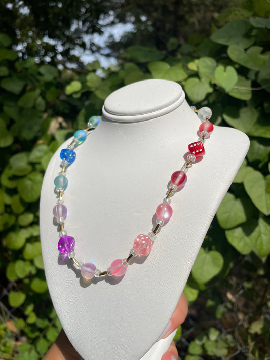Colorful Iridescent Dice w/ Gold Necklace