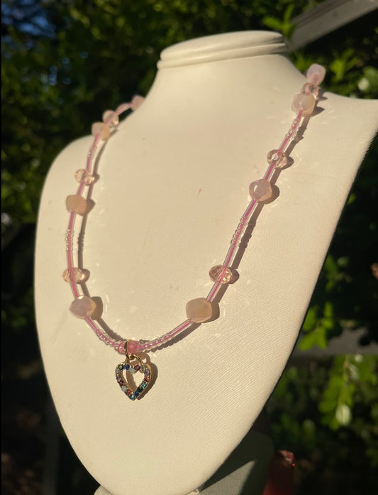 Colorful Heart Pendant w/Pink & Transparent Czech Necklace