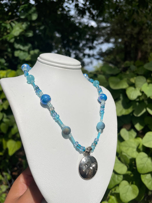 Blue World Map Pendant Necklace