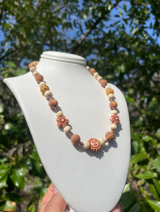 Carved Wooden Sun/Flower Necklace