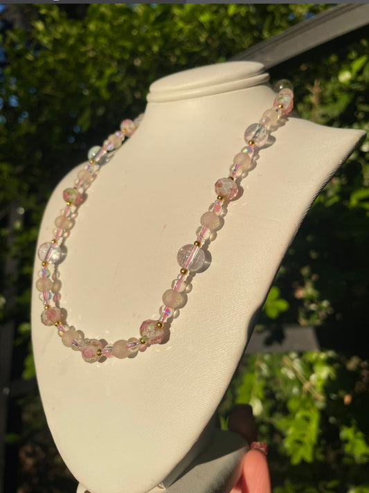 Floral Pink/Transparent w/Gold Necklace